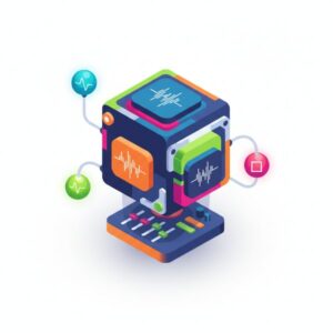 Изометрическая иллюстрация синтезатора Sytrus, разработанного компанией FL Studio, на белом фоне.